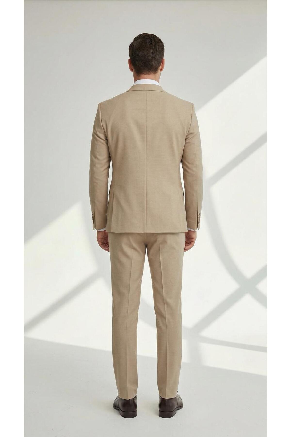 Erkek Slim Fit Mikro Desenli Takım Elbise 2 Düğmeli Çift Yırtmaçlı Modern Ceket Pantolon Takım - Bej