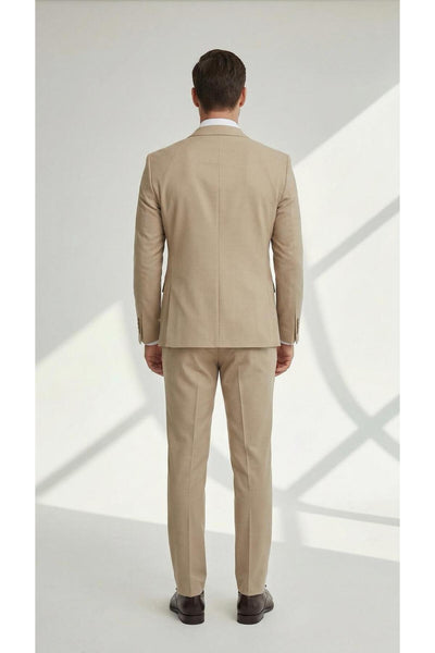 Erkek Slim Fit Mikro Desenli Takım Elbise 2 Düğmeli Çift Yırtmaçlı Modern Ceket Pantolon Takım - Bej