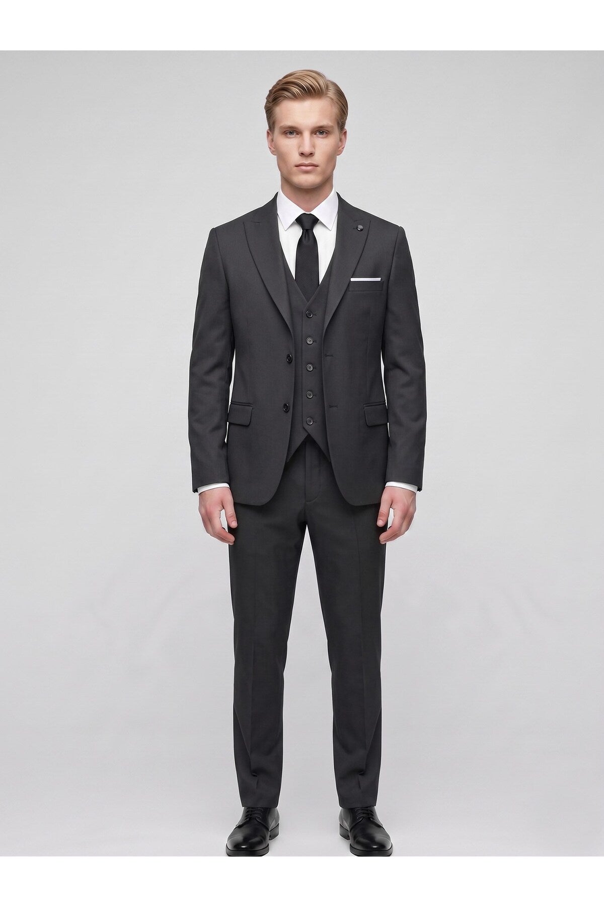 Erkek 3 Parça Slim Fit Çift Yırtmaçlı Takım Elbise Yelekli Şık Klasik Takım 6 Drop - Siyah