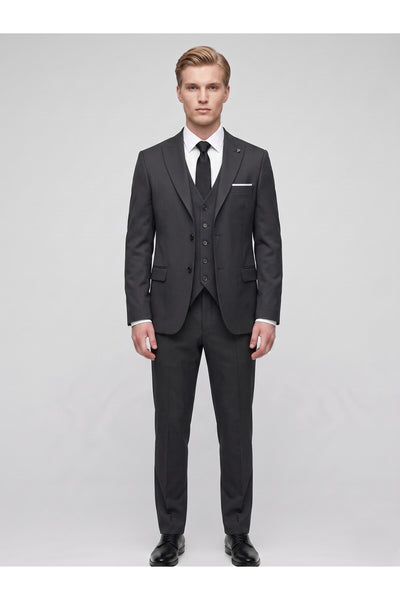 Erkek 3 Parça Slim Fit Çift Yırtmaçlı Takım Elbise Yelekli Şık Klasik Takım 6 Drop - Siyah