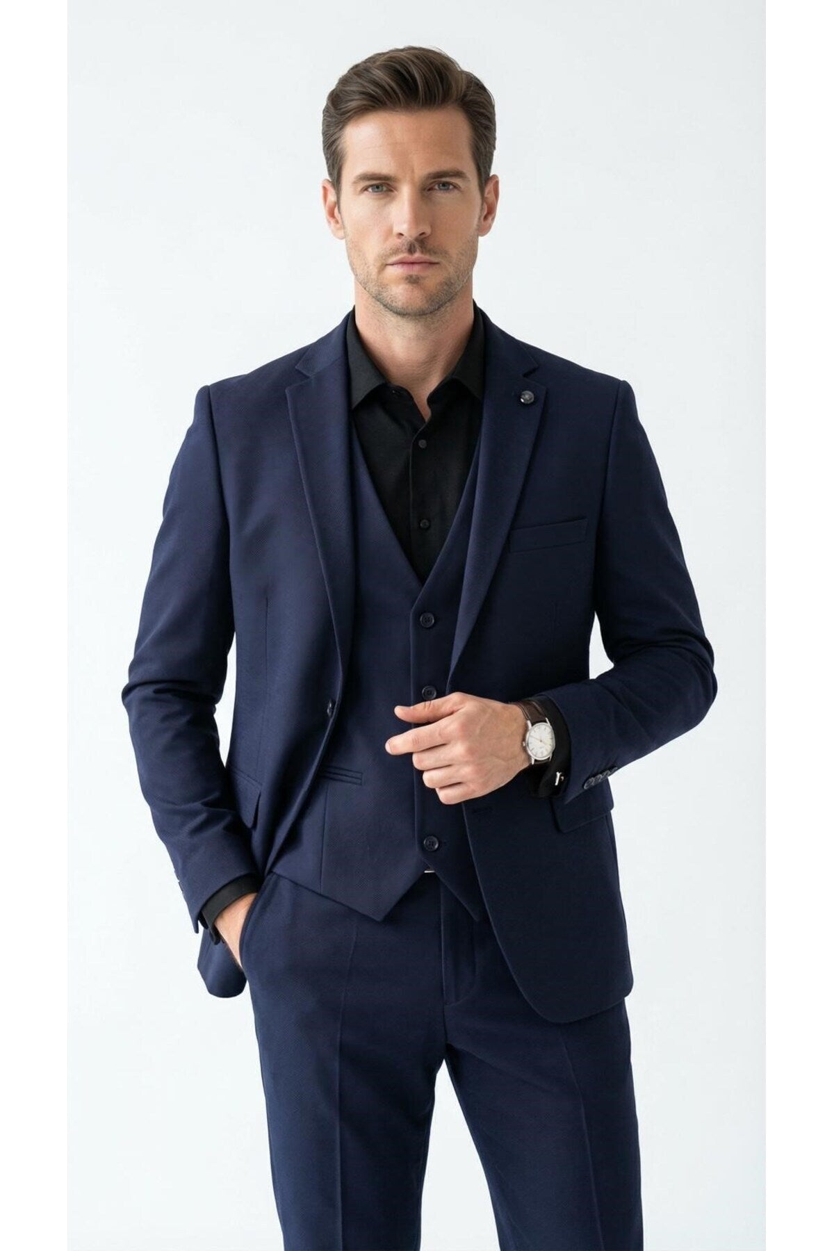 Erkek Klasik Slim Fit Armürlü Kumaş Tek Düğmeli Çift Yırtmaçlı Klasik Yaka Takım Elbise 7 Drop - Lacivert