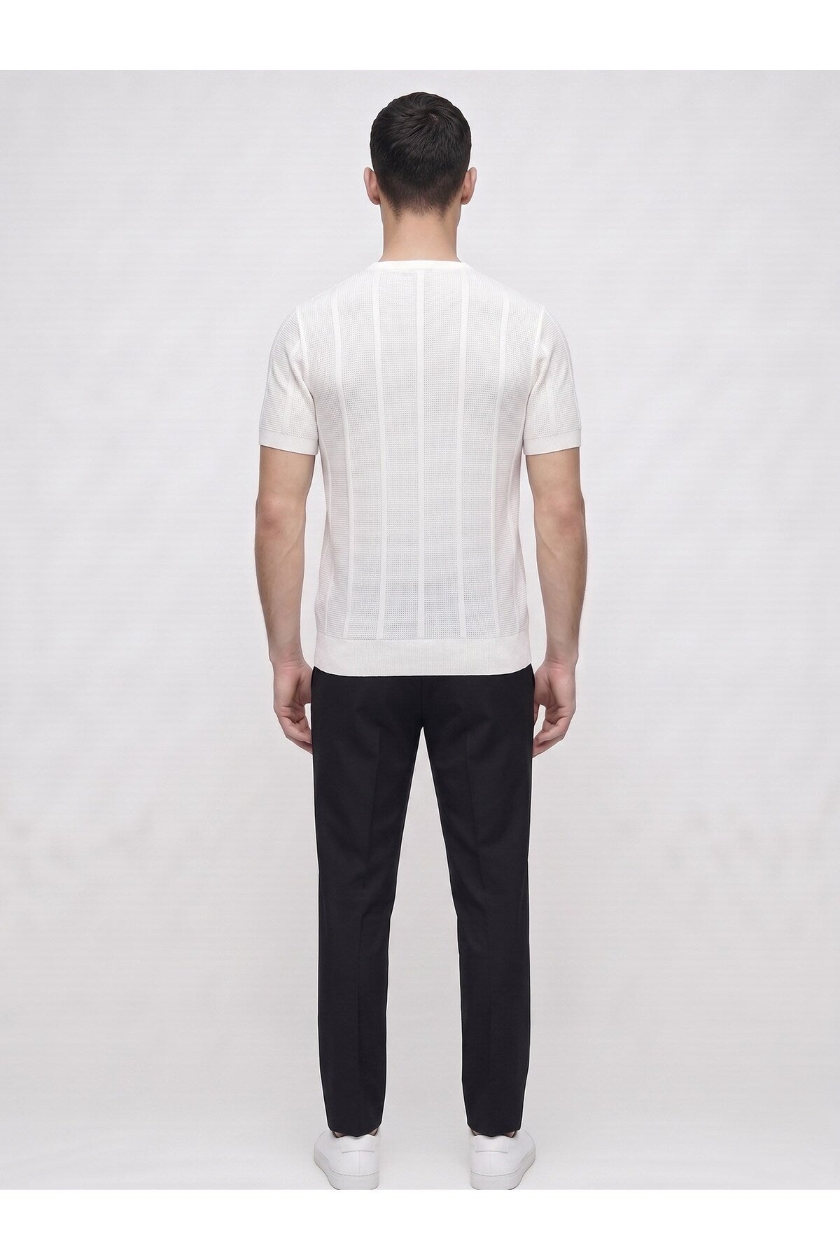 Erkek Bisiklet Yaka Kısa Kollu Triko Tişört – Dokulu Örgü Modern Kesim Yazlık T-Shirt - Beyaz