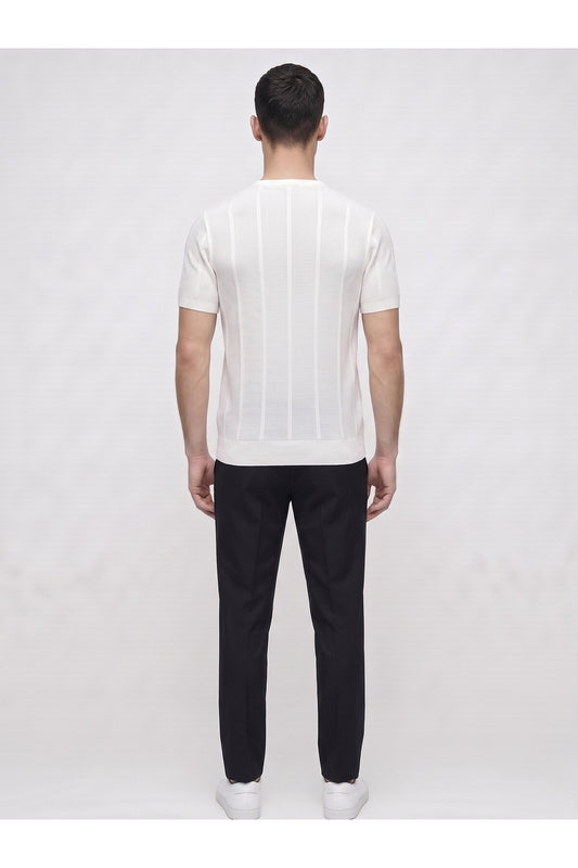Erkek Bisiklet Yaka Kısa Kollu Triko Tişört – Dokulu Örgü Modern Kesim Yazlık T-Shirt - Beyaz