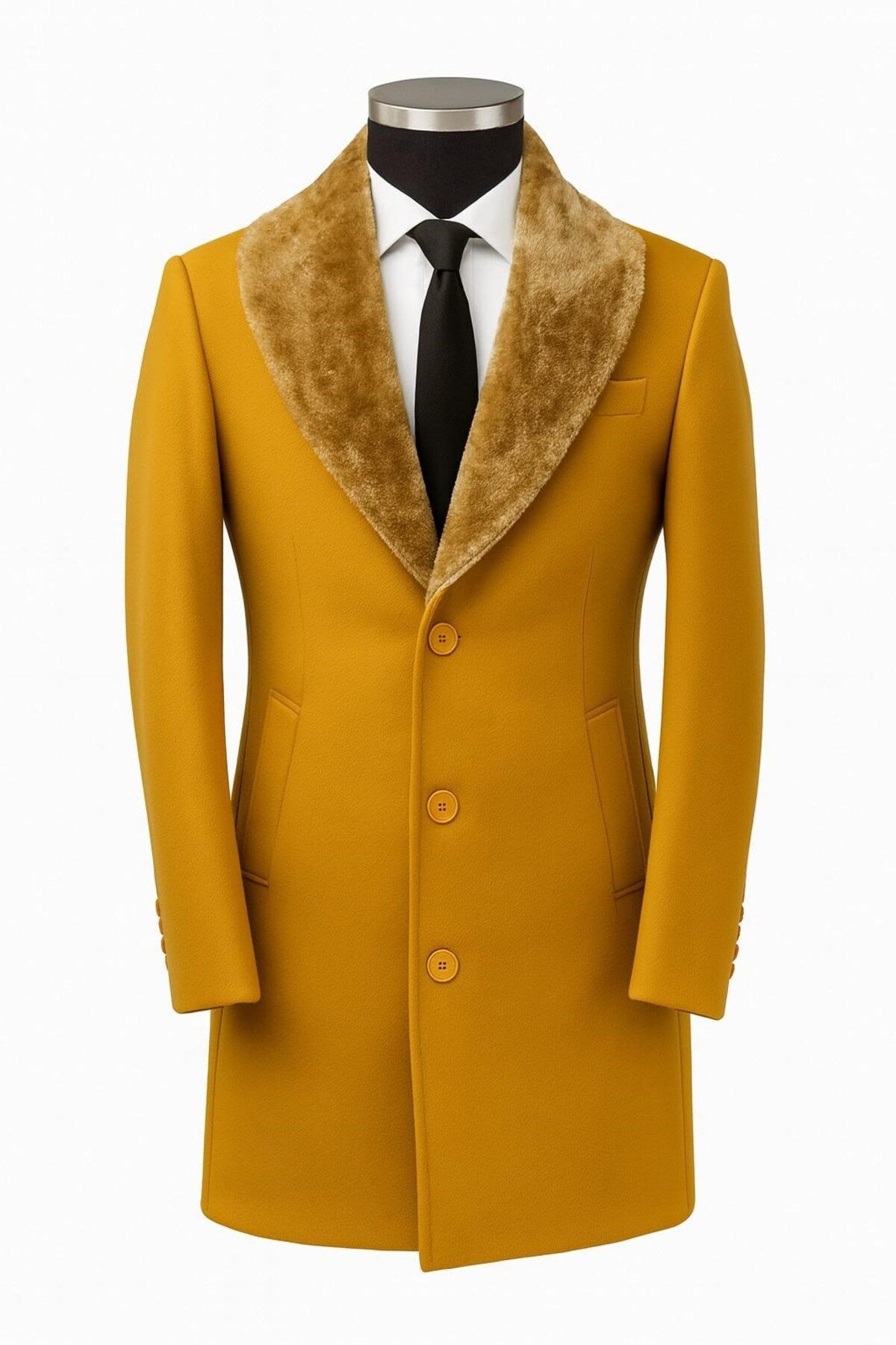 Erkek Uzun Kaşe Kaban – Çıkartılabilir Kürk Yaka, Astarlı ve Cepli Slim Fit Mont - Sarı