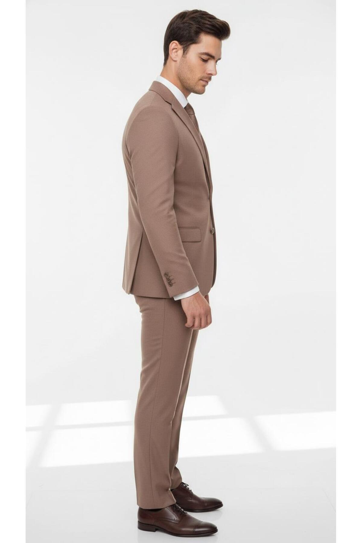 Erkek Slim Fit Mikro Desenli Takım Elbise 2 Düğmeli Çift Yırtmaçlı Modern Ceket Pantolon Takım - Turuncu