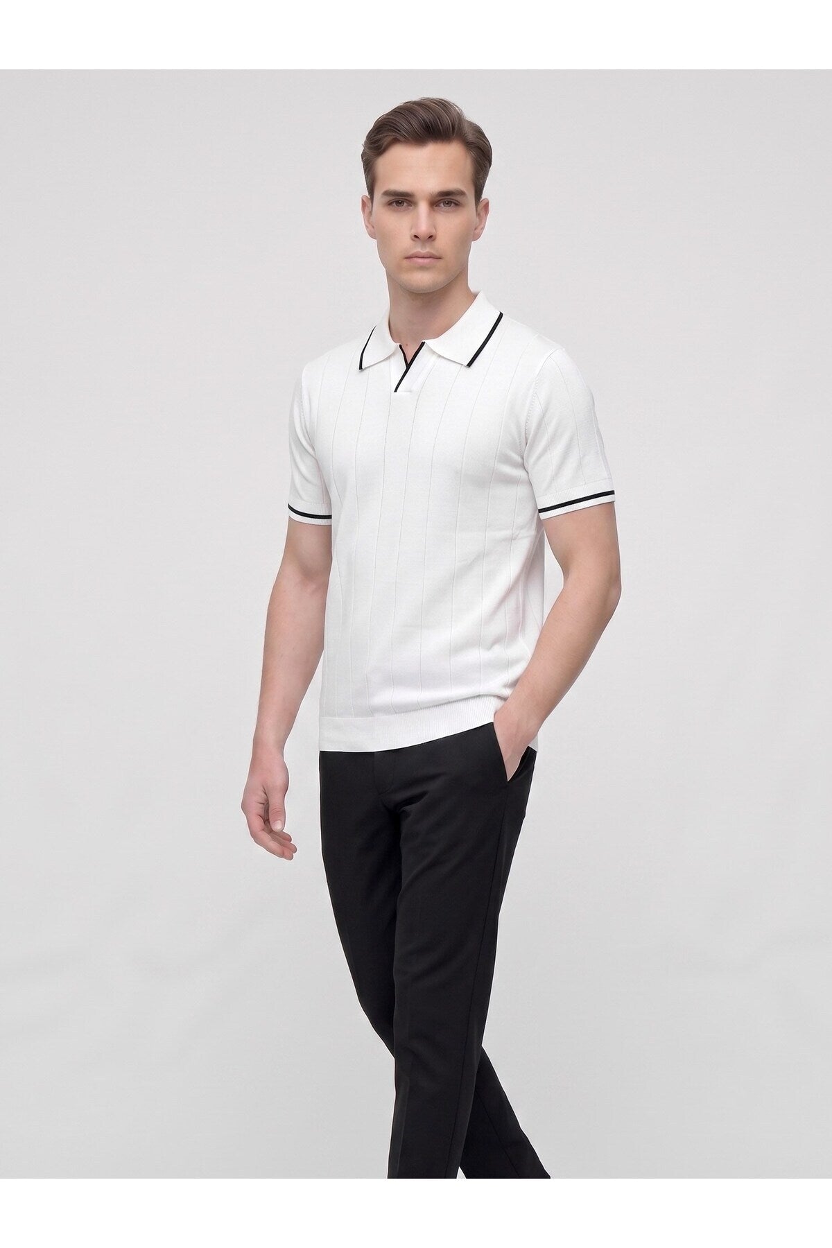 Erkek Polo Yaka Triko Kısa Kollu T-Shirt - Beyaz
