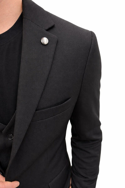 Erkek Klasik Slim Fit Armürlü Kumaş Tek Düğmeli Çift Yırtmaçlı Klasik Yaka Takım Elbise 7 Drop - Siyah