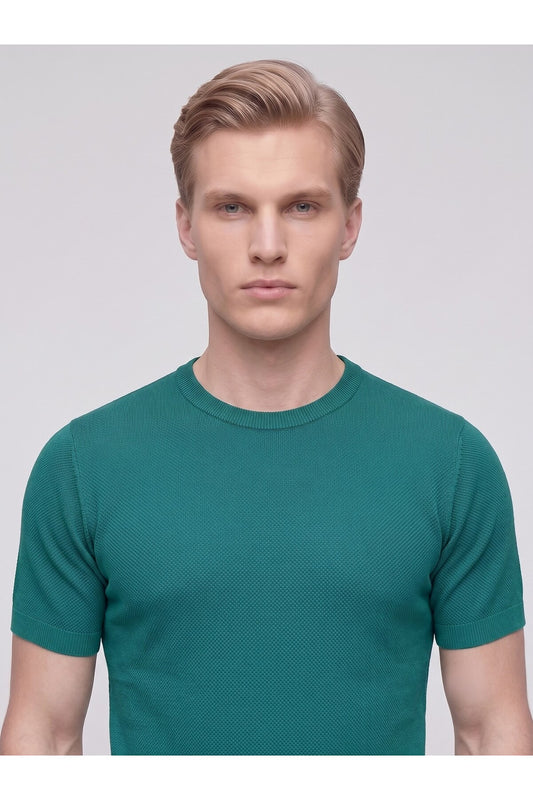 Erkek Bisiklet Yaka Kısa Kollu Triko Tişört – Slim Fit Modern Kesim Yazlık T-Shirt - Yeşil