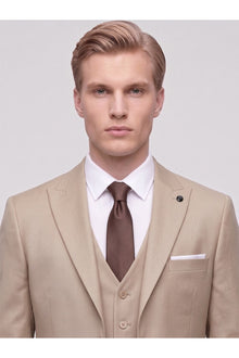 Erkek 3 Parça Slim Fit Çift Yırtmaçlı Takım Elbise Yelekli Şık Klasik Takım 6 Drop - Bej