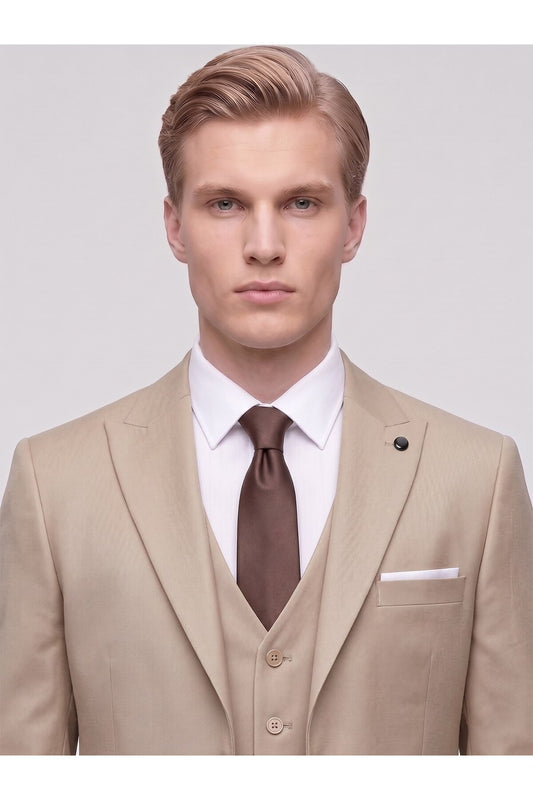 Erkek 3 Parça Slim Fit Çift Yırtmaçlı Takım Elbise Yelekli Şık Klasik Takım 6 Drop - Bej