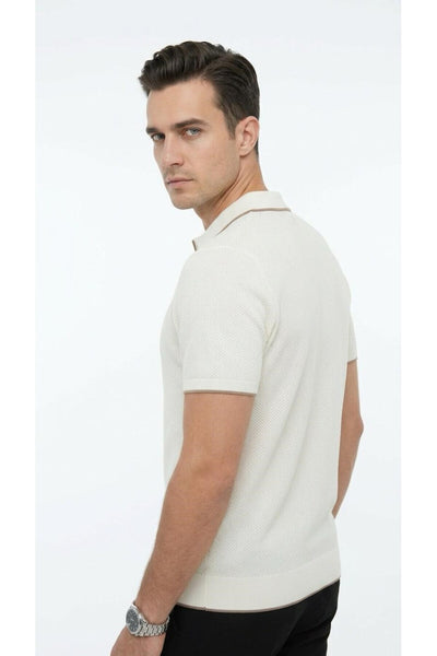 Erkek Pike Dokulu Triko Polo Yaka Tişört Slim Fit Şerit Detaylı Yazlık Model - Bej