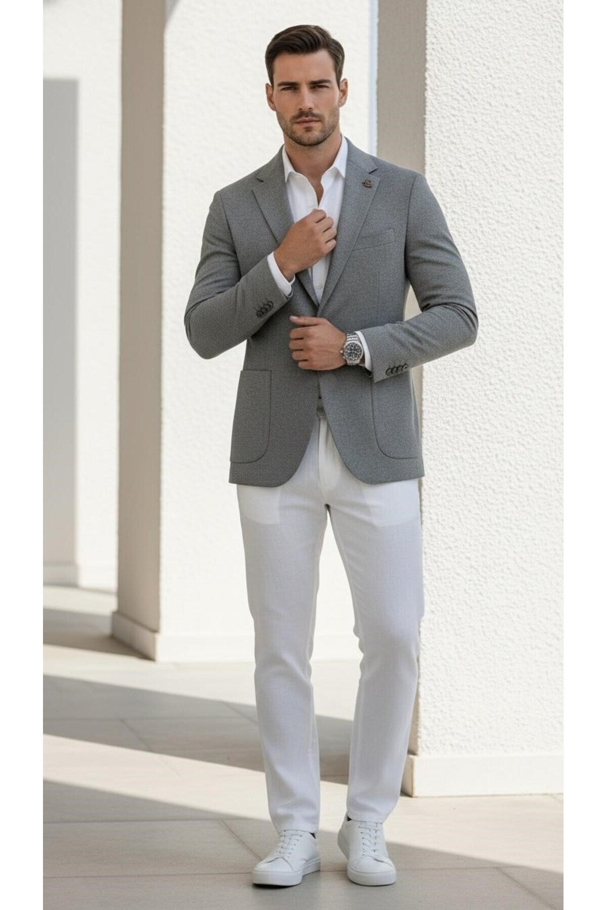 Erkek Slim Fit Blazer Ceket Tek Düğmeli Çift Yırtmaçlı Torba Cepli Yarım Astarlı - Gri