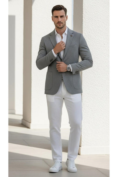Erkek Slim Fit Blazer Ceket Tek Düğmeli Çift Yırtmaçlı Torba Cepli Yarım Astarlı - Gri
