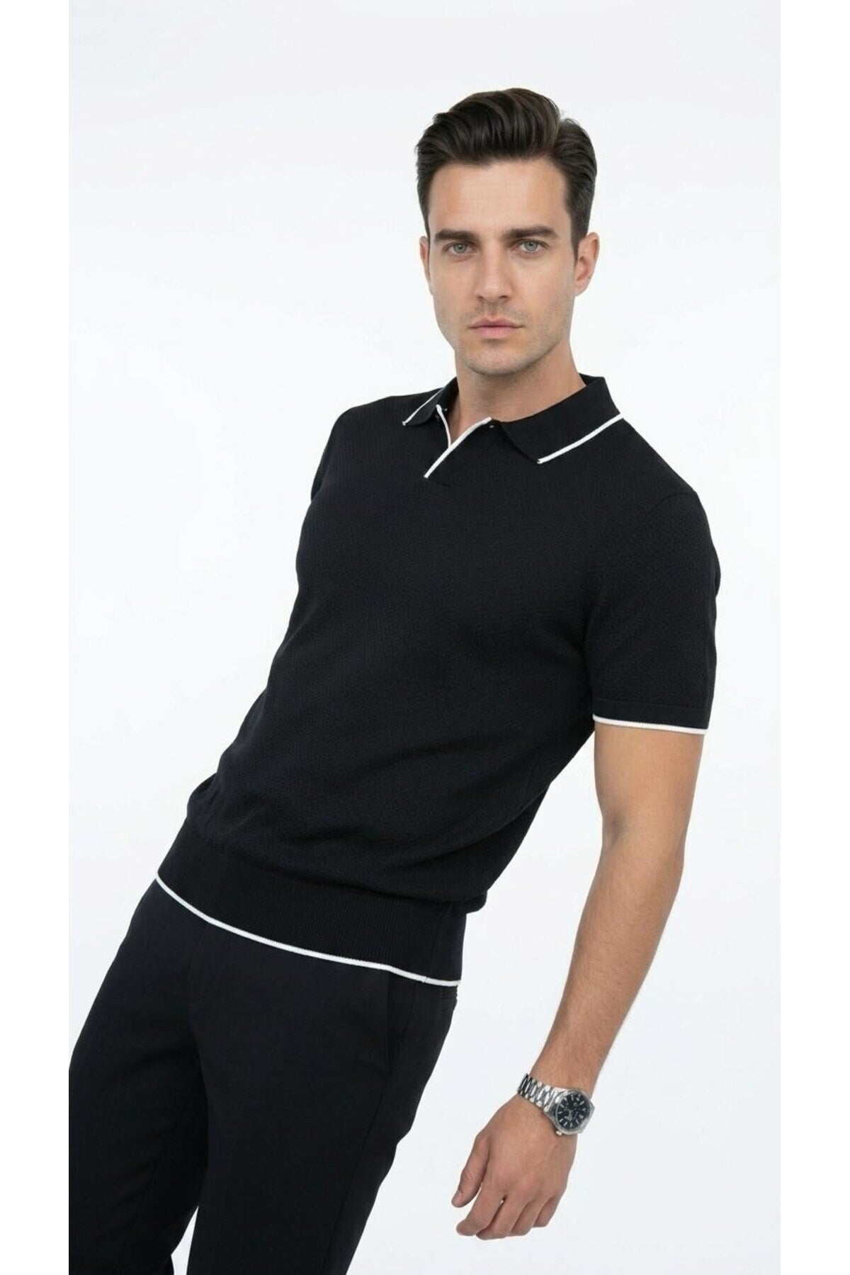 Erkek Pike Dokulu Triko Polo Yaka Tişört Slim Fit Şerit Detaylı Yazlık Model - Siyah