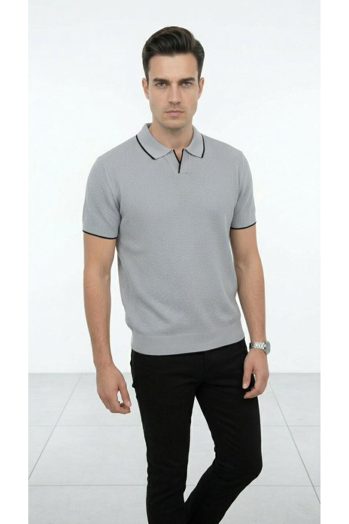 Erkek Pike Dokulu Triko Polo Yaka Tişört Slim Fit Şerit Detaylı Yazlık Model - Gri