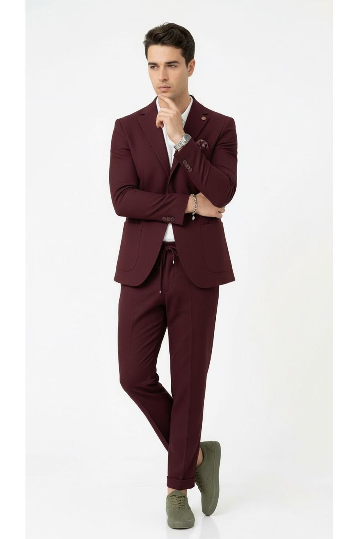 Pike Kumaş Jogger Pantolonlu Erkek Takım Elbise – Torba Cepli Tek Düğme Slim Fit Kombin - Bordo