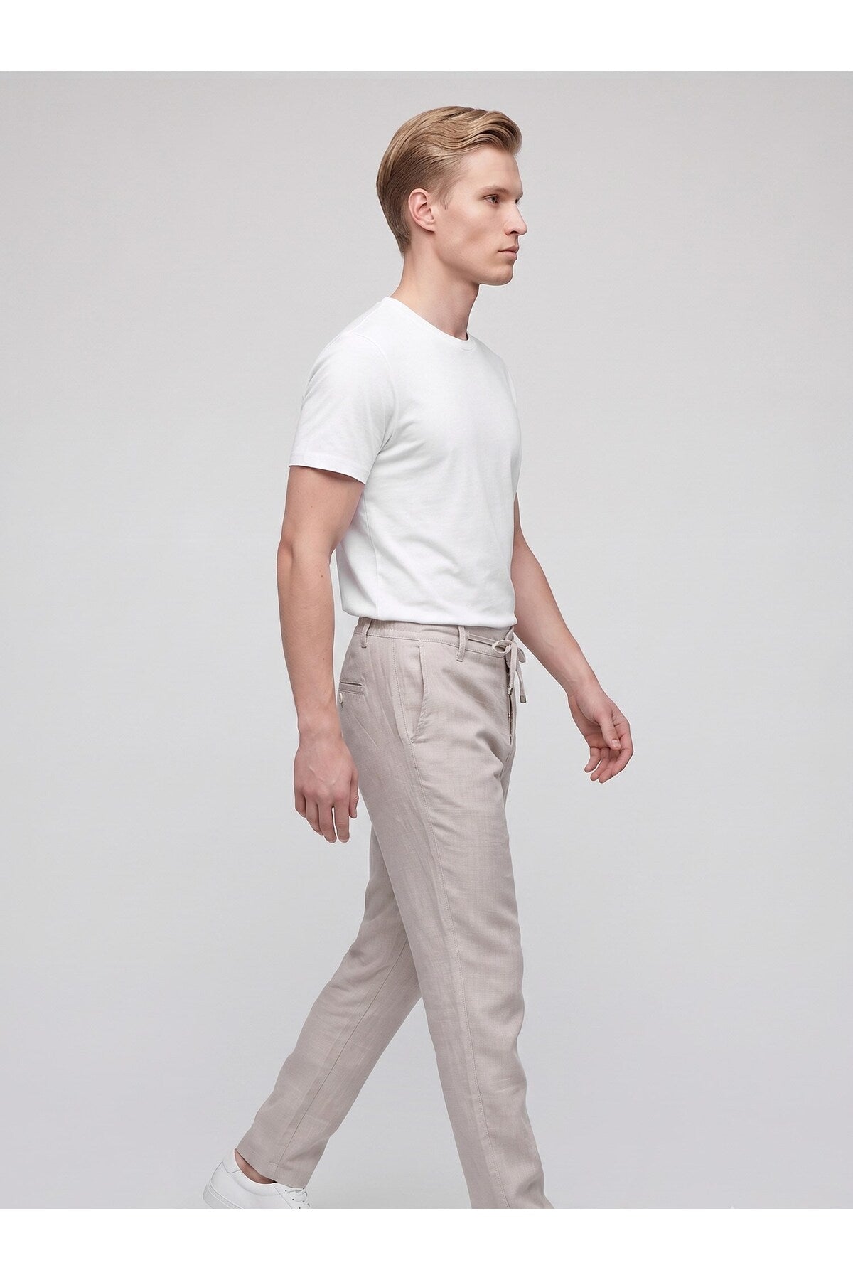 Erkek Keten Pantolon – Bağcıklı Bel, Slim Fit Rahat Kesim Yazlık Pantolon - Bej