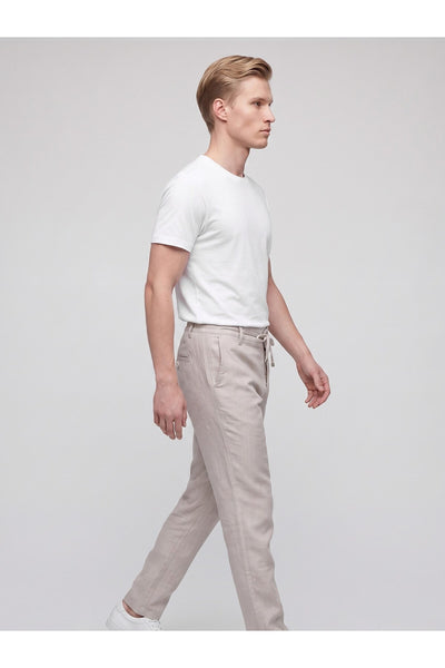 Erkek Keten Pantolon – Bağcıklı Bel, Slim Fit Rahat Kesim Yazlık Pantolon - Bej