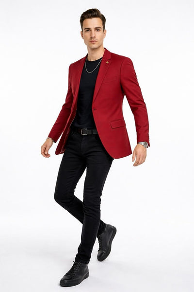 Erkek Mono Yaka Tek Düğmeli Çift Yırtmaçlı Blazer Ceket – Premium Dokuma Kumaş, 8 Renk - Kırmızı