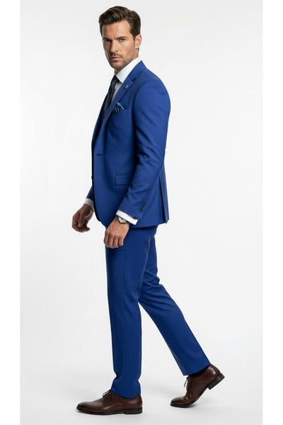 Erkek 3 Parça Slim Fit Takım Elbise –Klasik Likralı Kumaş, Tek Düğme, Çift Yırtmaçlı Modern Kesim ( - Mavi