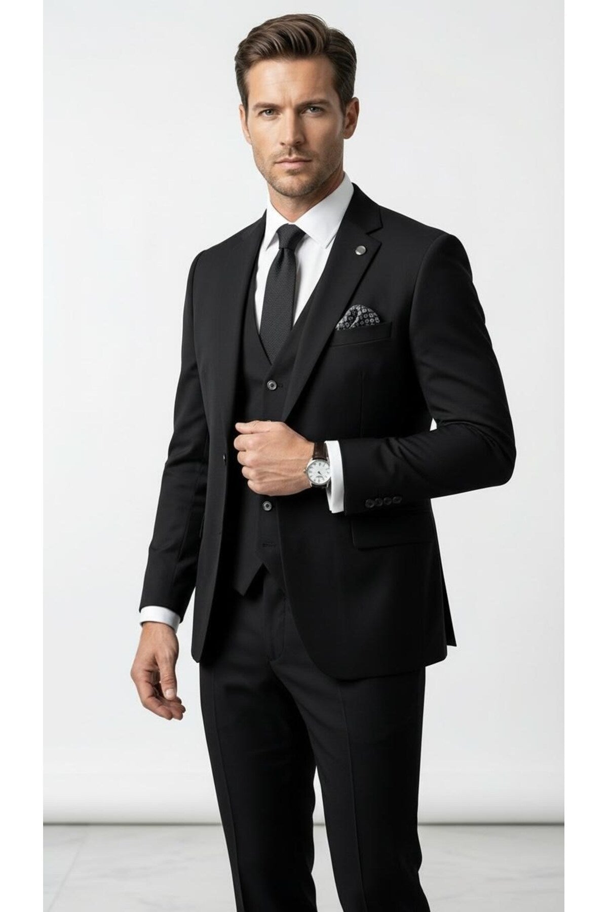 Erkek 3 Parça Slim Fit Takım Elbise –Klasik Likralı Kumaş, Tek Düğme, Çift Yırtmaçlı Modern Kesim ( - Siyah