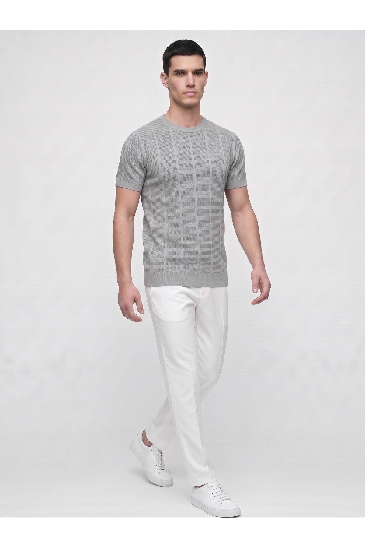 Erkek Bisiklet Yaka Kısa Kollu Triko Tişört – Dokulu Örgü Modern Kesim Yazlık T-Shirt - Gri
