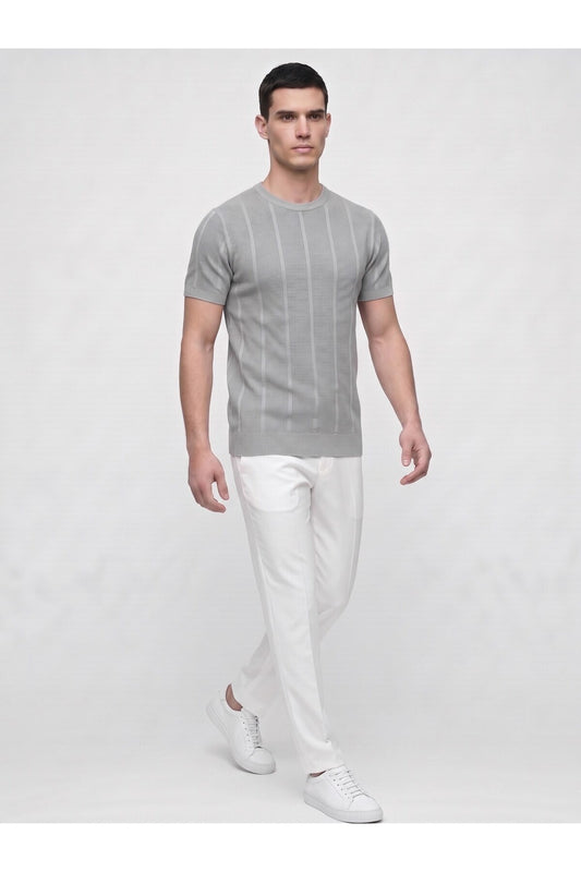 Erkek Bisiklet Yaka Kısa Kollu Triko Tişört – Dokulu Örgü Modern Kesim Yazlık T-Shirt - Gri