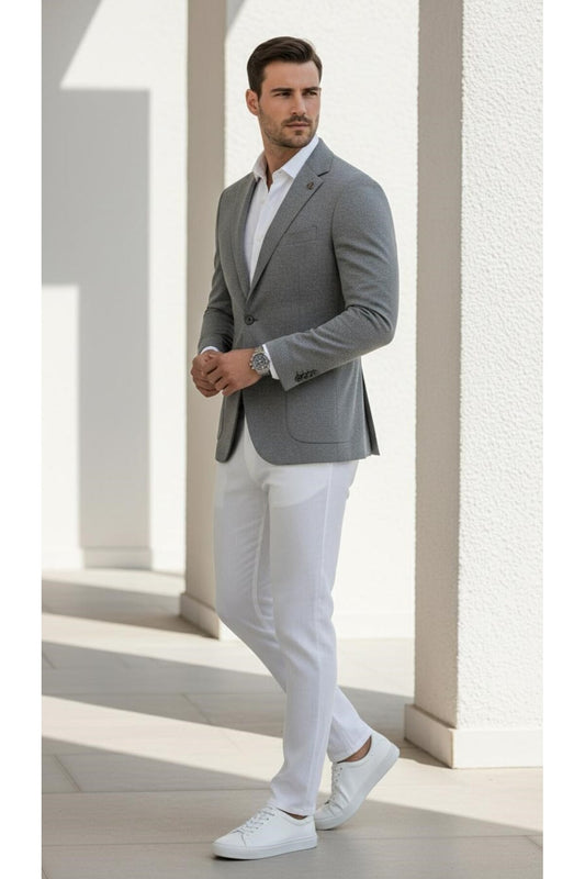 Erkek Slim Fit Blazer Ceket Tek Düğmeli Çift Yırtmaçlı Torba Cepli Yarım Astarlı - Gri